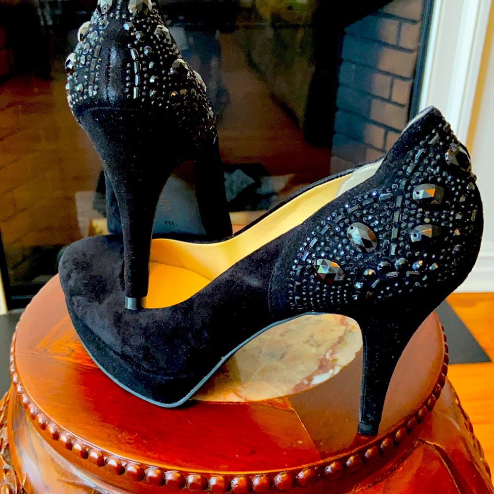 Gianni Bini Black Suede & Jeweled Pumps